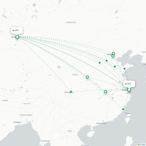 Mapa lotu bezpośredniego Szanghaj – Urumczi