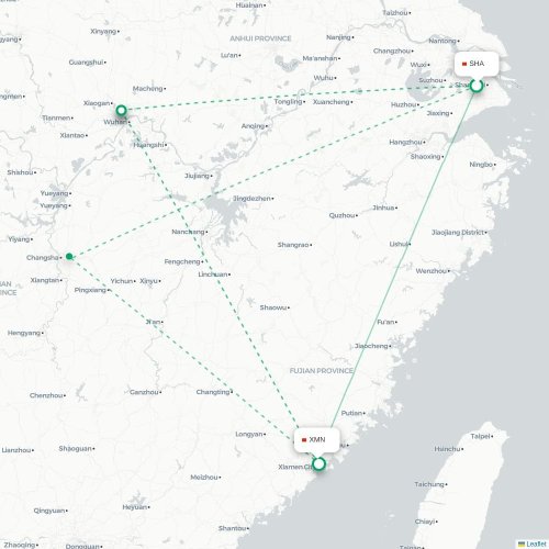 Mapa lotu bezpośredniego Szanghaj – Xiamen