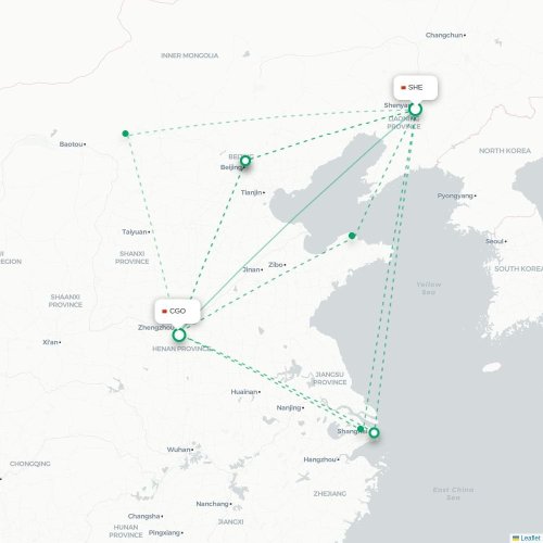 Mapa lotu bezpośredniego Shenyang – Czengczou