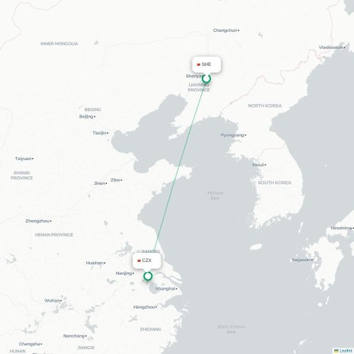 Mapa lotu bezpośredniego Shenyang – Changzhou