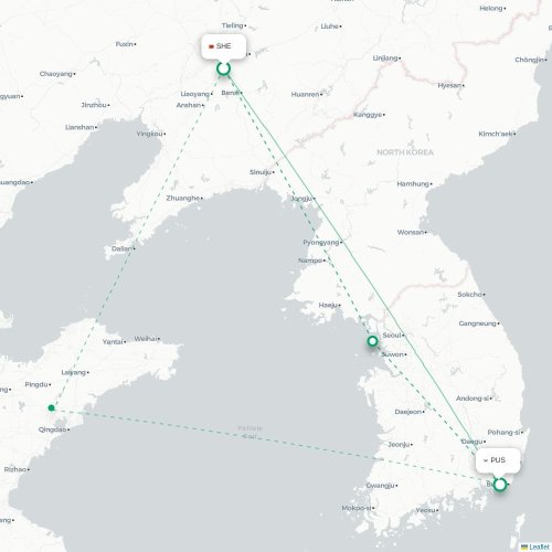 Mapa lotu bezpośredniego Shenyang – Pusan
