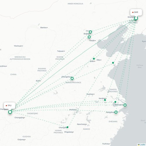 Mapa lotu bezpośredniego Shenyang – Chengdu