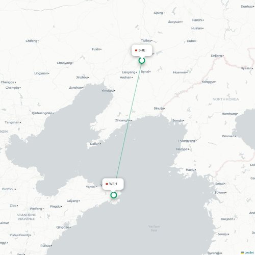 Mapa lotu bezpośredniego Shenyang – Weihai