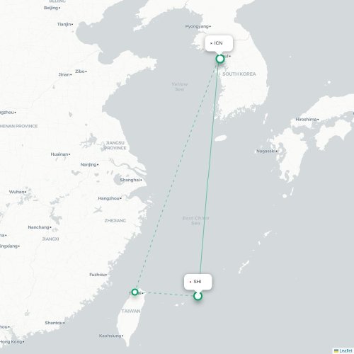 Mapa lotu bezpośredniego Miyako – Inczhon