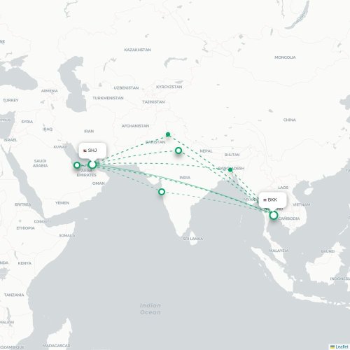 Mapa de vuelo directo Sharjah - Bangkok