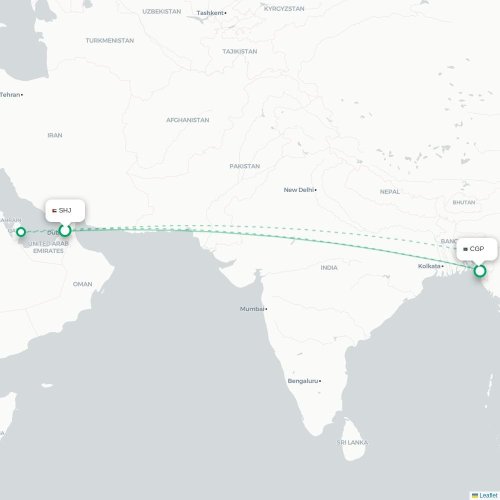 Sharjah - Chittagong kort over direkte fly