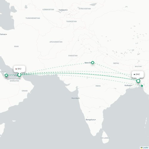 Mapa lotu bezpośredniego Szardża – Dhaka