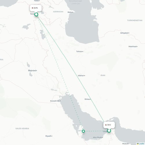Sharjah - Jerevan kaart van rechtstreekse vlucht