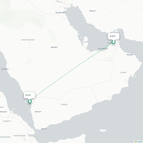 Sharjah - Jazan kaart van rechtstreekse vlucht