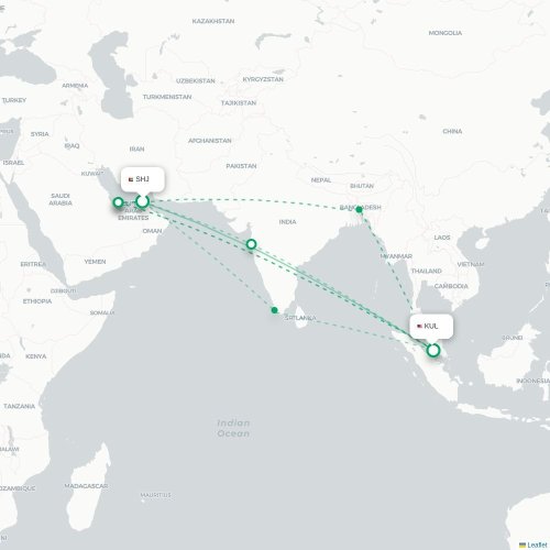Mapa lotu bezpośredniego Szardża – Kuala Lumpur