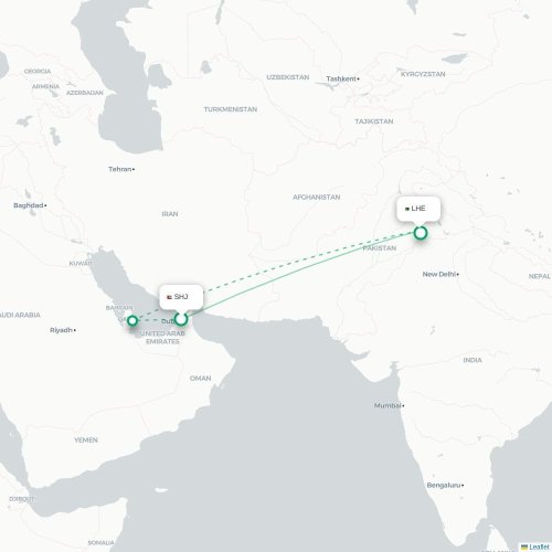 Mapa de vuelo directo Sharjah - Lahore