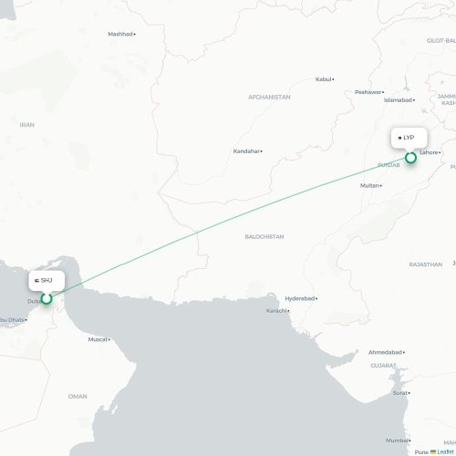 Mapa de vuelo directo Sharjah - Faisalābād