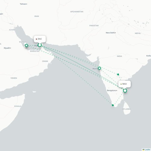 Mapa de vuelo directo Sharjah - Madrás