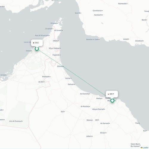 Mapa de vuelo directo Sharjah - Mascate