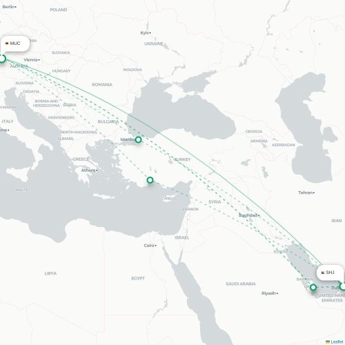 Mapa lotu bezpośredniego Szardża – Monachium