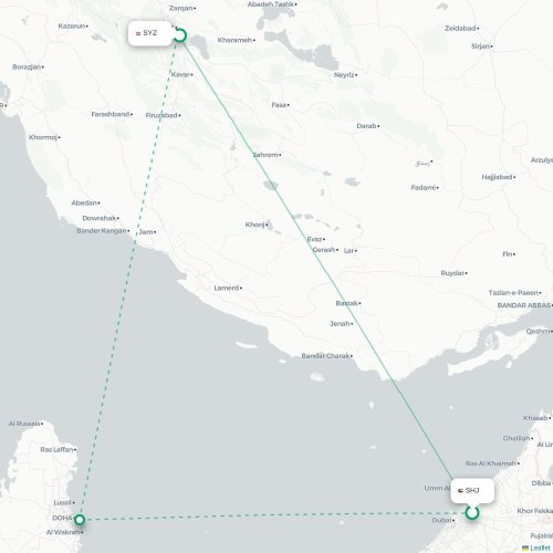 Mapa lotu bezpośredniego Szardża – Sziraz