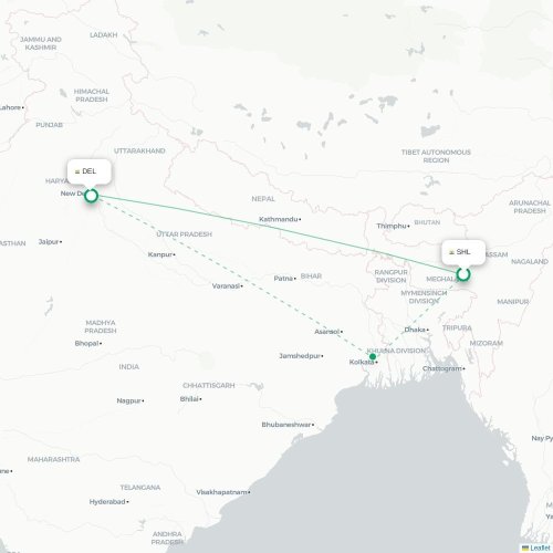 Mapa de vuelo directo Shillong - Nueva Delhi
