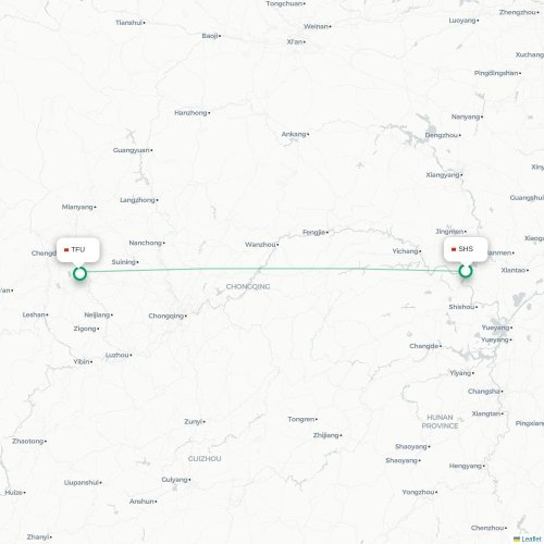 Mapa lotu bezpośredniego Shashi – Chengdu