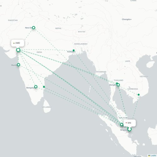 Mapa lotu bezpośredniego Singapur – Ahmadabad