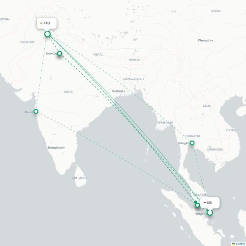 Mapa lotu bezpośredniego Singapur – Amritsar