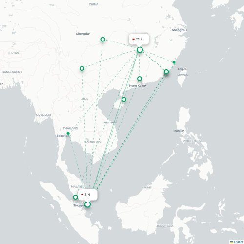 Mapa lotu bezpośredniego Singapur – Changsha