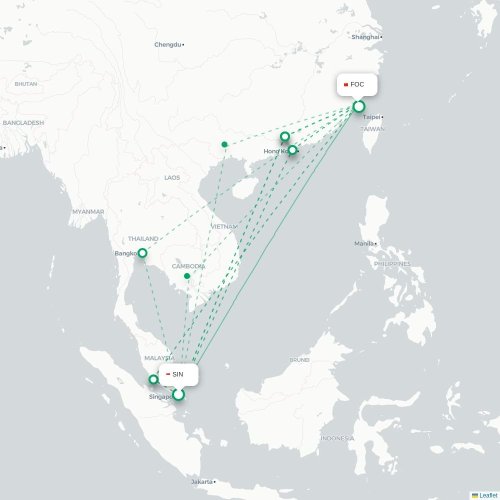 Mapa lotu bezpośredniego Singapur – Fuzhou
