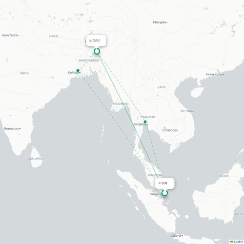 Mapa lotu bezpośredniego Singapur – Guwahati