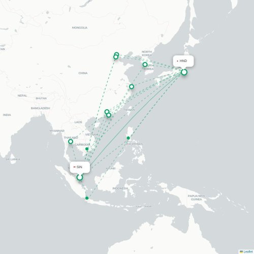 Mapa lotu bezpośredniego Singapur – Tokio
