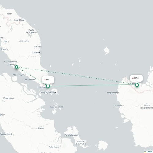Mapa lotu bezpośredniego Singapur – Kuching