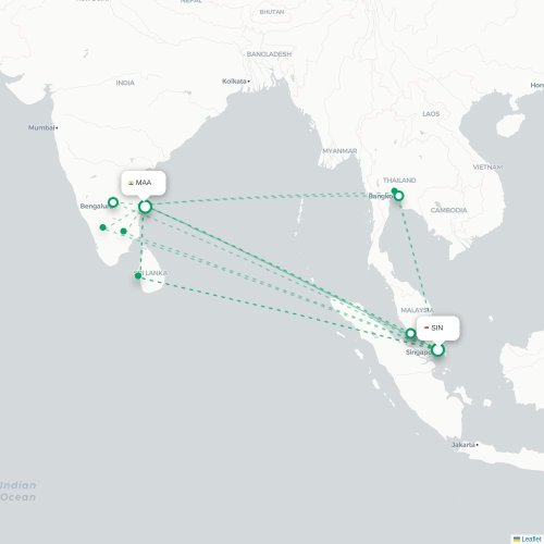 Mapa lotu bezpośredniego Singapur – Madras