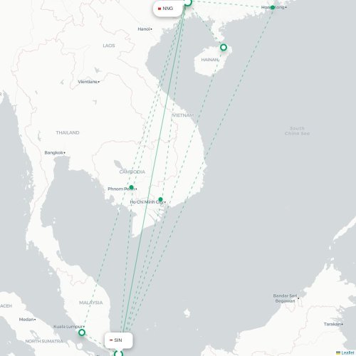 Mapa de vuelo directo Singapur - Nanning