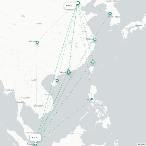 Mapa lotu bezpośredniego Singapur – Pekin