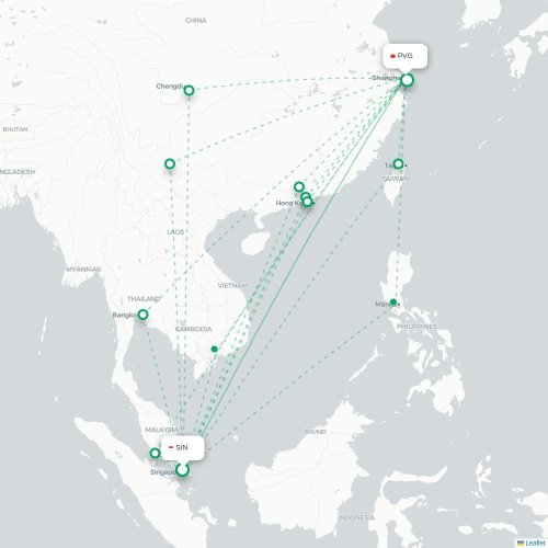 Mapa lotu bezpośredniego Singapur – Szanghaj