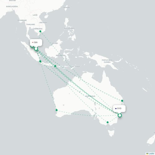 Mapa lotu bezpośredniego Singapur – Sydney