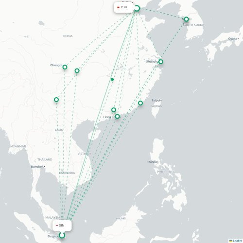 Mapa lotu bezpośredniego Singapur – Tiencin