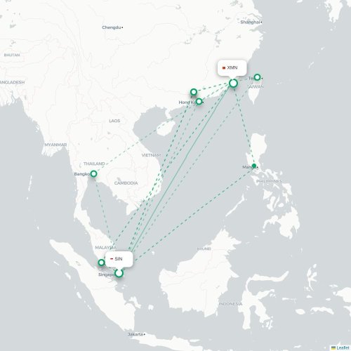 Mapa lotu bezpośredniego Singapur – Xiamen
