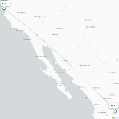 Mapa lotu bezpośredniego San Jose – León