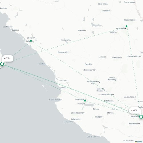 Mapa de vuelo directo San José del Cabo - Ciudad de México, D.F.