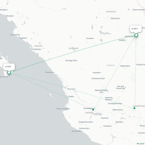 Mapa de vuelo directo San José del Cabo - Monterrey