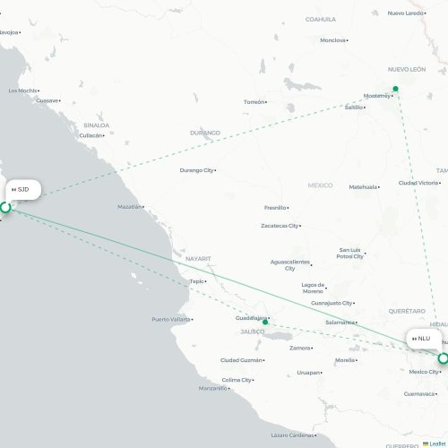 Mapa de vuelo directo San José del Cabo - Ciudad de México, D.F.