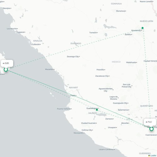 Mapa de vuelo directo San José del Cabo - Ciudad de México, D.F.