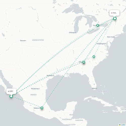 Mapa de vuelo directo San José del Cabo - Montreal