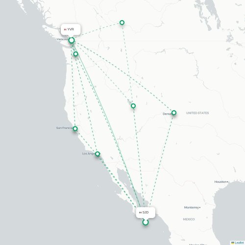 Mapa de vuelo directo San José del Cabo - Vancouver