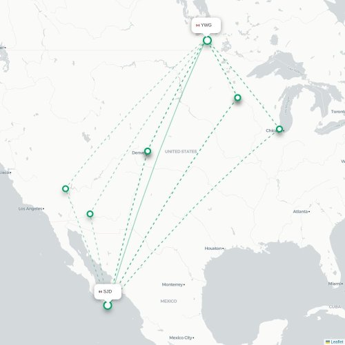 Mapa de vuelo directo San José del Cabo - Winnipeg