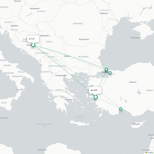 Mapa de vuelo directo Sarajevo - Esmirna