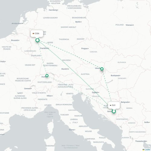 Mapa de vuelo directo Sarajevo - Colonia
