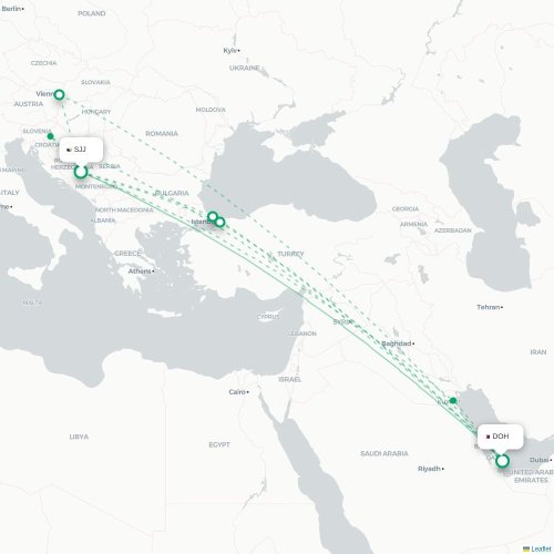 Mapa de vuelo directo Sarajevo - Doha