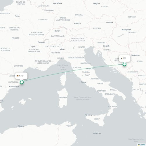 Mapa de vuelo directo Sarajevo - Gerona