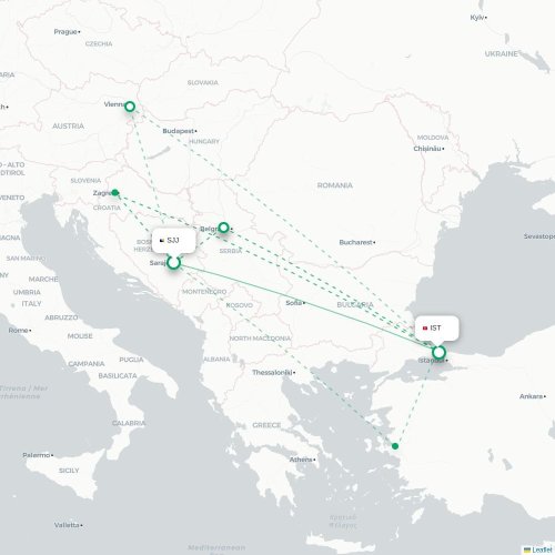 Mapa de vuelo directo Sarajevo - Estambul