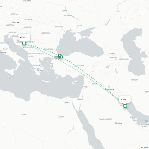 Mapa de vuelo directo Sarajevo - Ciudad de Kuwait